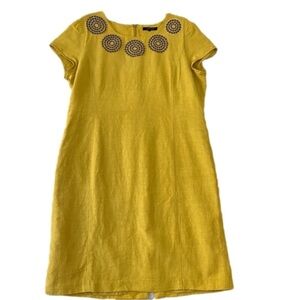 JAEGER silk cotton midi dress short Sleeve yellow mustard appliqué flattering 14